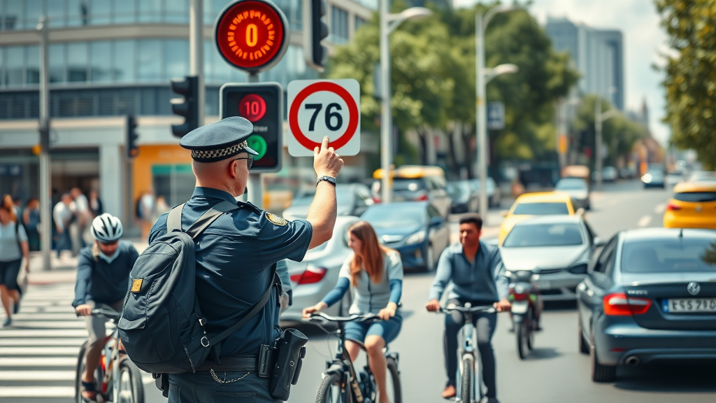 modern city intersection, police officer adjusting speed limit sign, urban road safety infrastructure, car accident safety tips