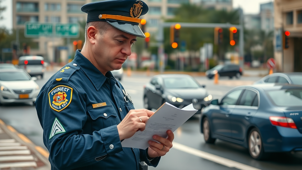 official police officer reviewing a accident scene, documenting details, traffic laws, car accident liability