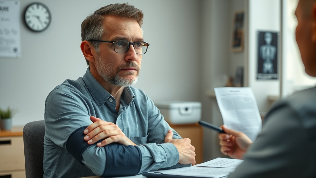Car accident legal advice - Injured victim discussing compensation with attorney in medical office