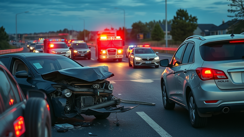 urgent highway scene with multiple vehicles involved in a crash, concerned drivers examining damage, emergency response arriving, car accident liability