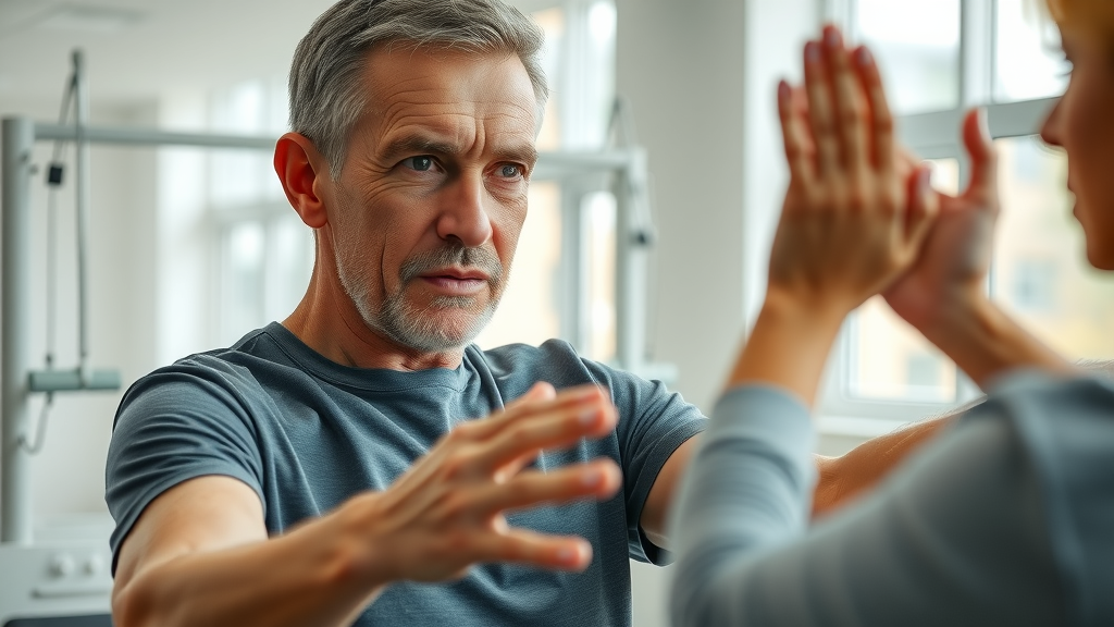 car accident injury rehabilitation patient practicing exercises with therapist in modern clinic, Orange County recovery