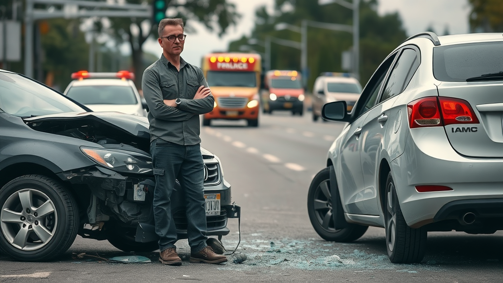 car accident insurance claims dramatic car accident scene with concerned driver urban street emergency vehicles
