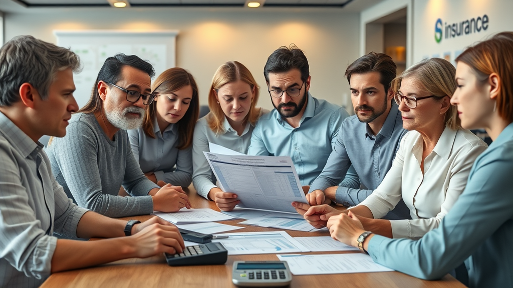 Diverse people discussing car accident insurance statistics and road safety data in office setting