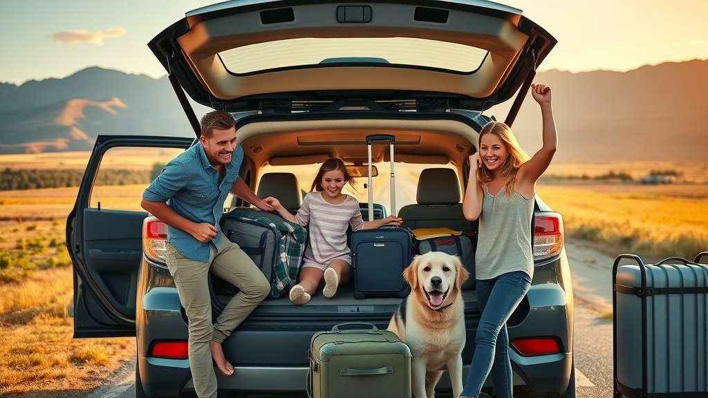 adventurous family preparing for road trip, loading SUV, scenic rest area, safety, car accident safety tips