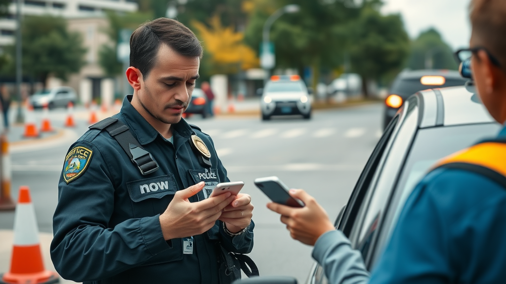 documenting car accident insurance claims with emergency responder and calm driver taking photos