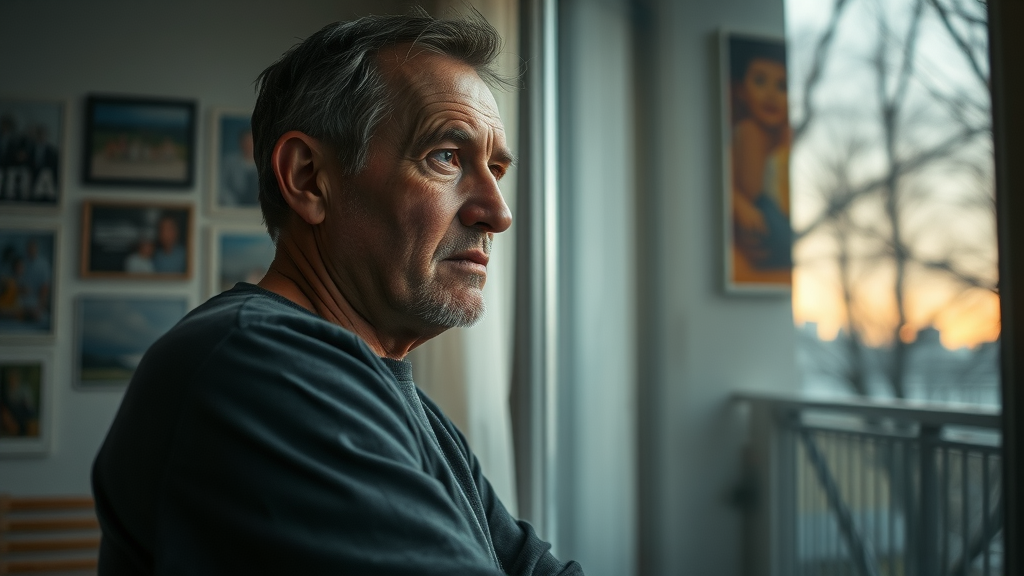 thoughtful car accident survivor reflecting by window, Orange County, recovering emotionally