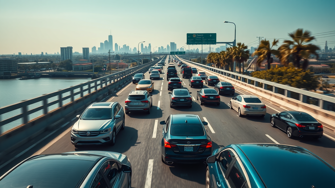 busy Los Angeles highway with dense traffic and city skyline in background, vibrant urban scene, high rate of car accidents