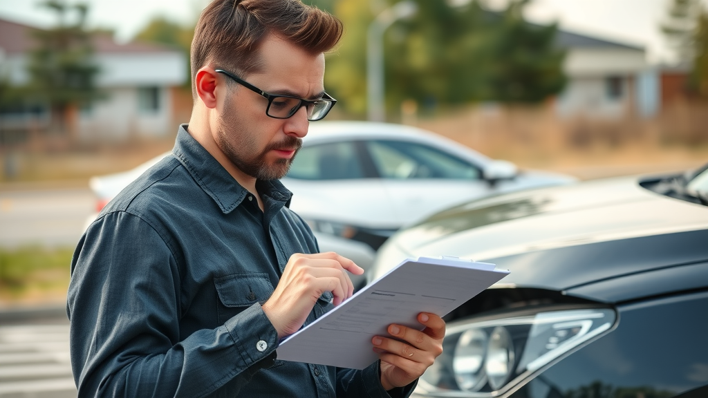 insurance adjuster assessing car accident insurance claim at accident scene