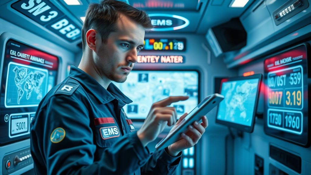 emergency technology for car accident response, EMS touchscreen, digital maps, ambulance, real time data, blue and white color palette, modern tools