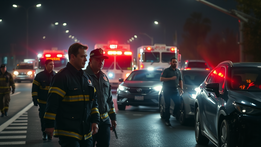 car accident causes somber multi-vehicle collision nighttime highway emergency responders