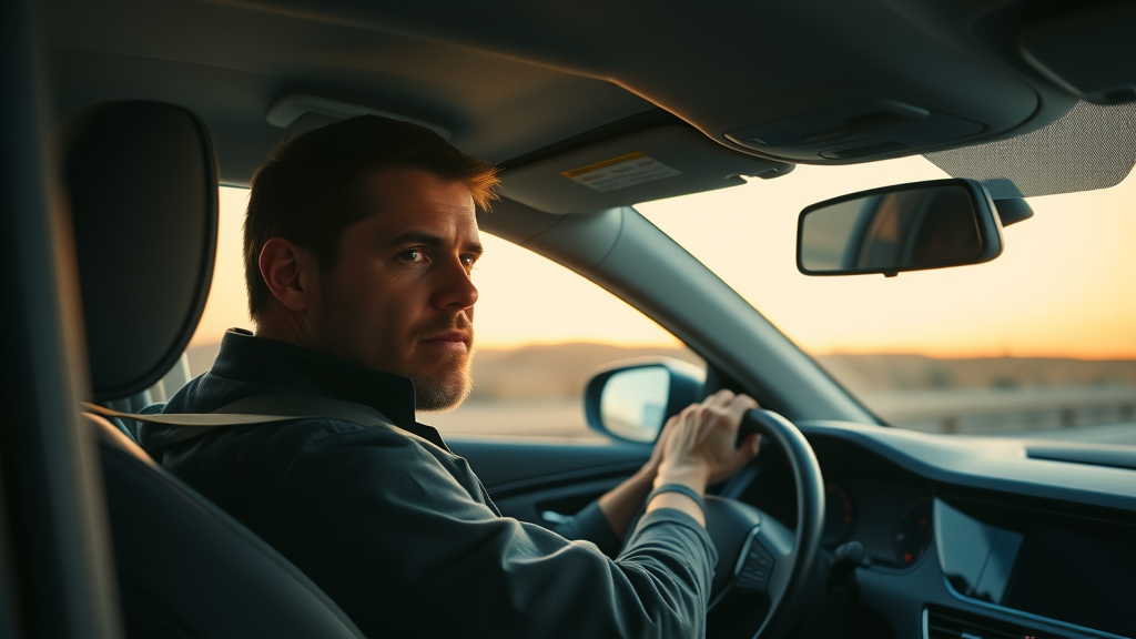 vigilant driver inside modern vehicle, focused, adjusting rear view mirror while wearing seatbelt, sleek car interior, safety, car accident safety tips