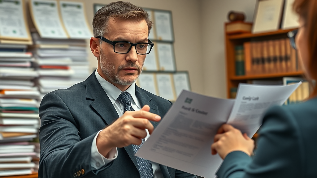 Car accident legal advice - Sympathetic lawyer discussing legal documents with client in law office