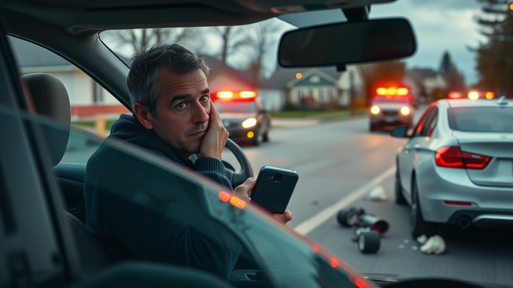 realistic car accident scene, driver exiting vehicle, calling emergency, suburban intersection, emergency responders, car accident safety tips