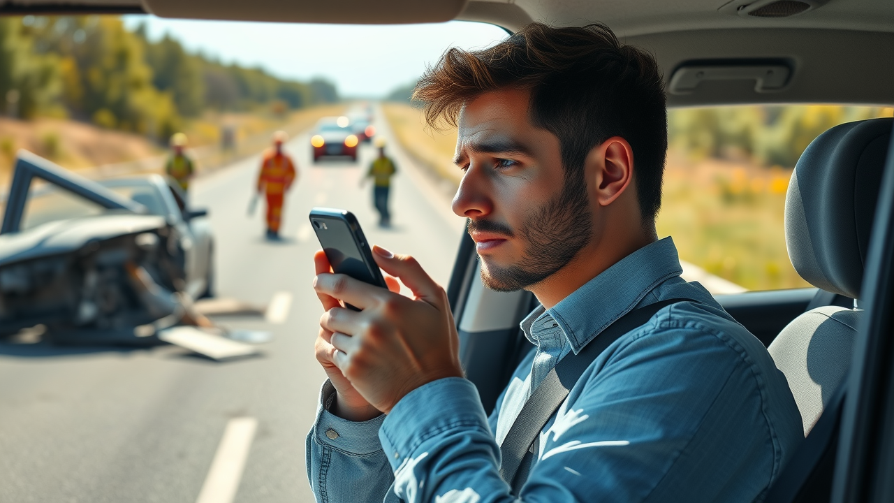 concerned driver calls 911 at accident scene, visible crash, responders, safe distance, detailed hands, bright sunlight