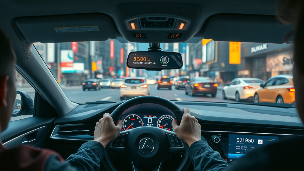 modern car dashboard accident detection app activated, attentive driver, futuristic cityscape, Los Angeles