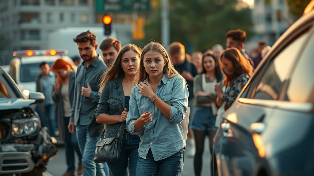car accident aftermath scene with diverse people looking shocked on urban roadside, Santa Ana police emergency vehicles, photorealistic details, smoke and debris
