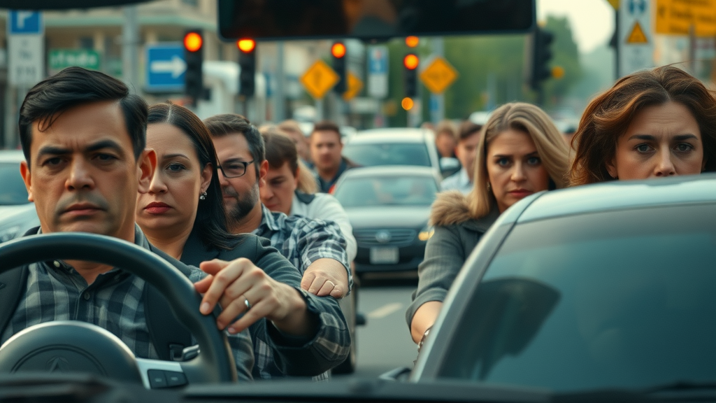 Urban traffic scene with diverse drivers dealing with city car accidents and traffic statistics