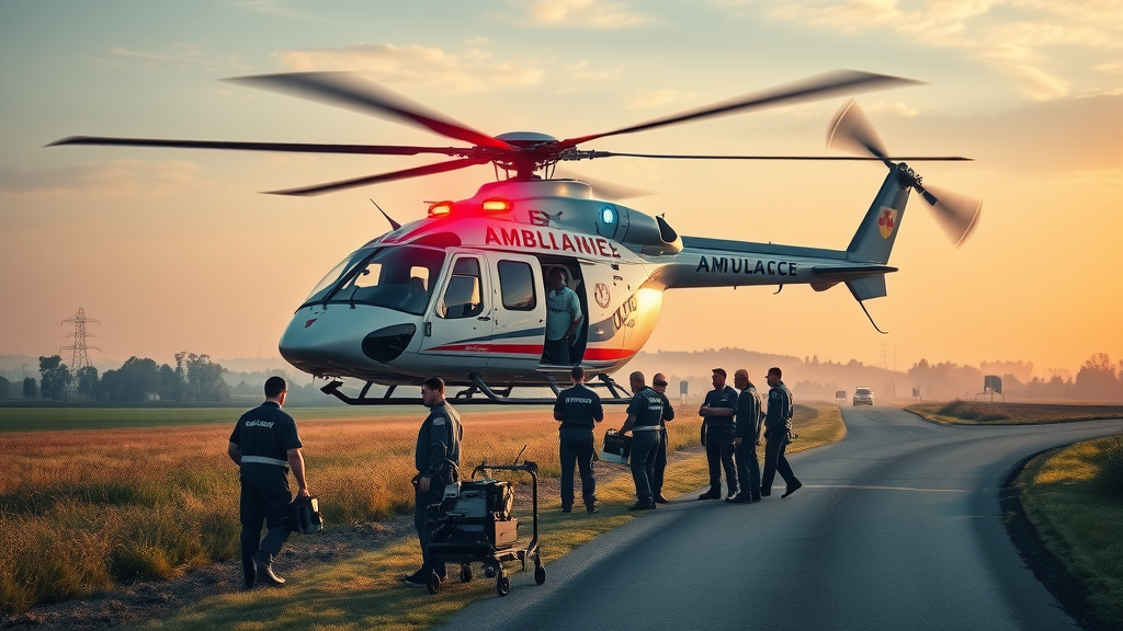 medical care car accident response, air ambulance landing, trauma team, gear, rural Oregon, sunrise, EMS uniforms