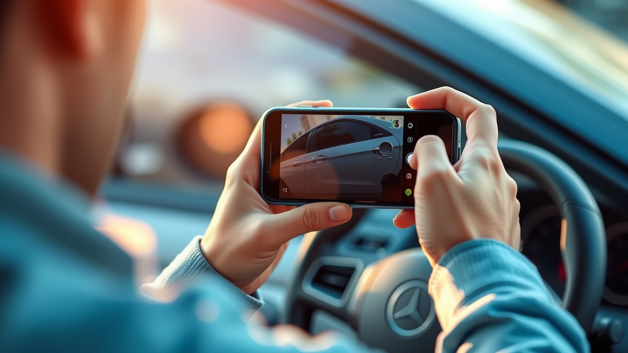 calm driver using smartphone to take photos of minor car damage, documenting accident details, car accident liability