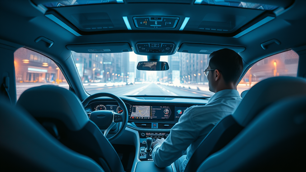 futuristic car cockpit, confident driver, high-tech dashboard, driver assistance system, car accident safety tips