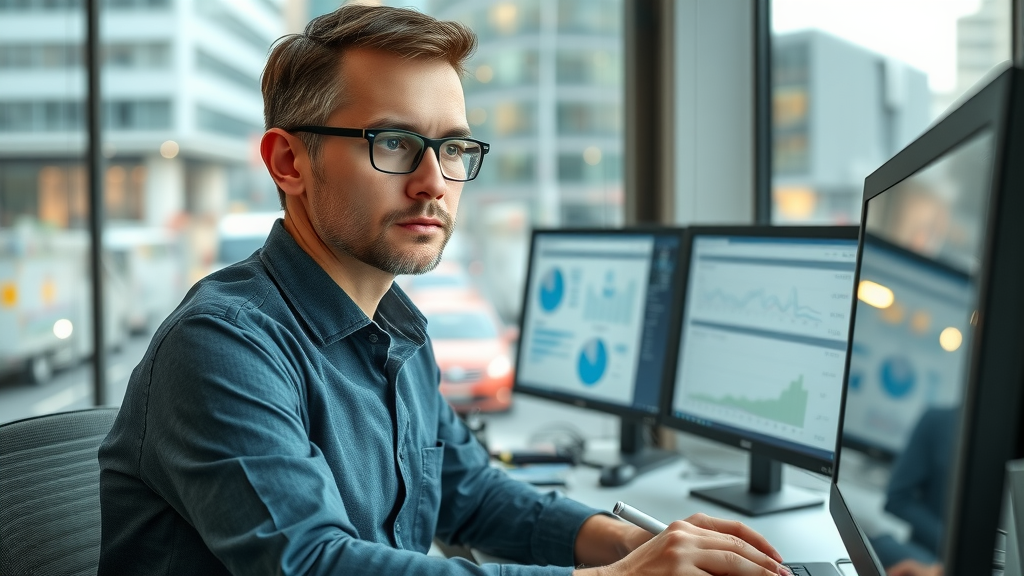 Road safety expert analyzing car accident statistics and data on modern computer screens