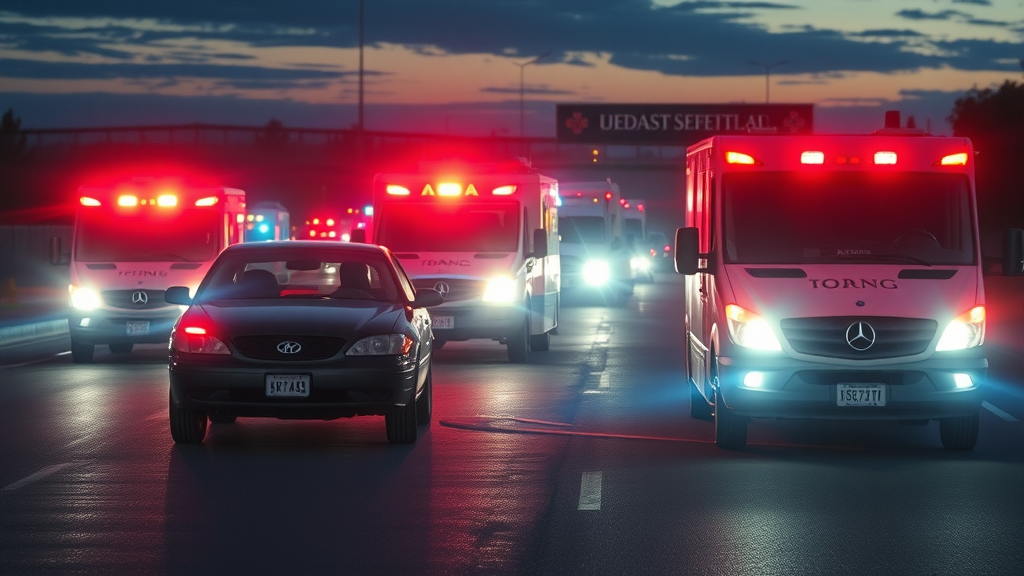 car accident emergency response scene with emergency vehicles arriving quickly, urgency, responders working—Photorealistic, highway at dusk, EMTs rushing, vivid reds and blues, bright emergency lighting, wide angle shot