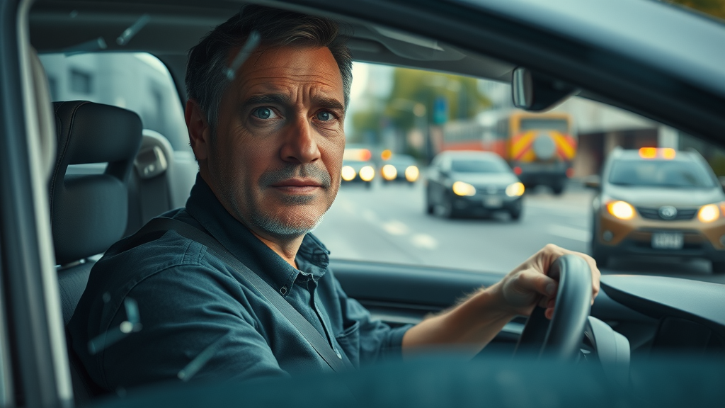 Car accident legal advice - Alarmed driver with concerned expression after a car crash, stopped car with damaged vehicles and emergency responders in background