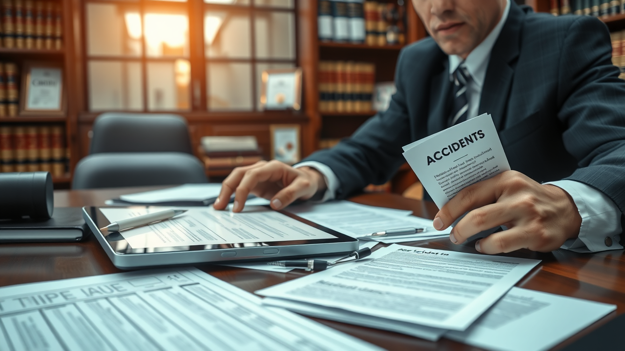 Law firm desk with accident case files and digital evidence, reviewing legal documents, photorealistic professional setting for 18 wheeler accident legal advice.