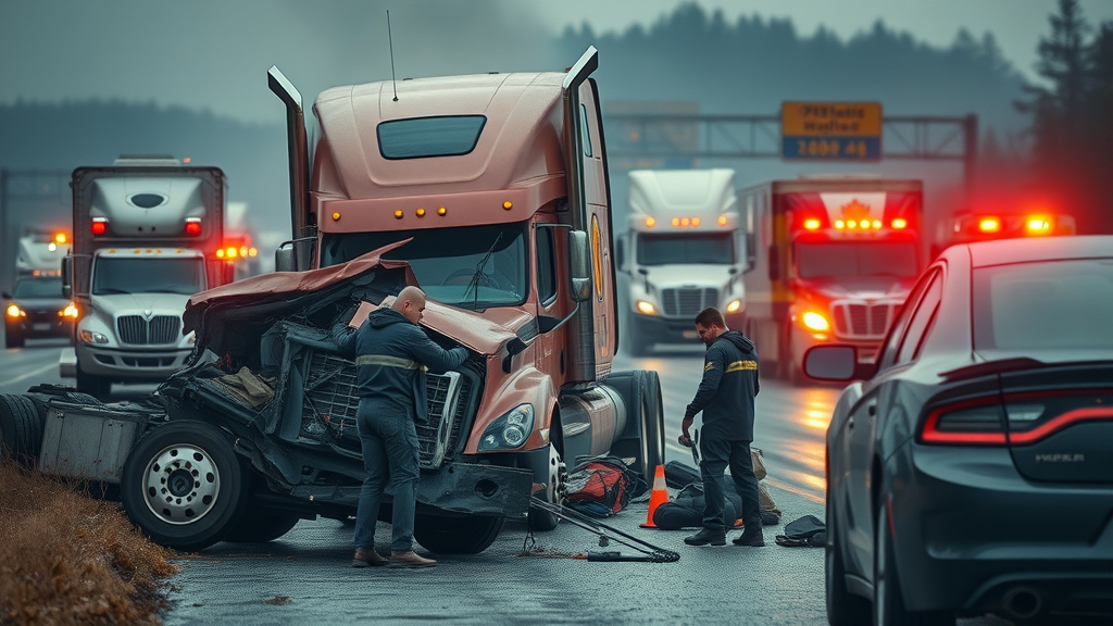 Somber aftermath of 18 wheeler accident, paramedics attending victims, dynamic emergency scene, highly detailed, with traffic and emergency vehicles