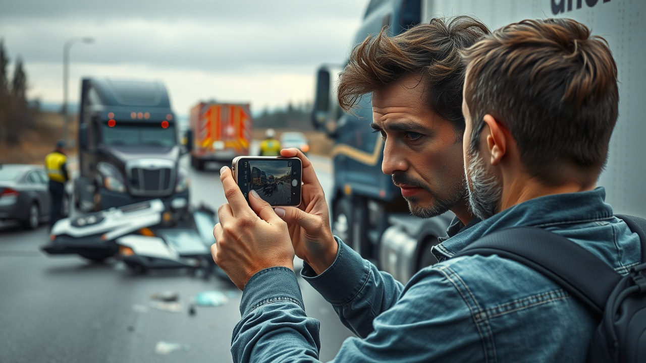 Accident victim taking photos of damaged big rig for evidence, truck accident claim scene, police and wreckage in background