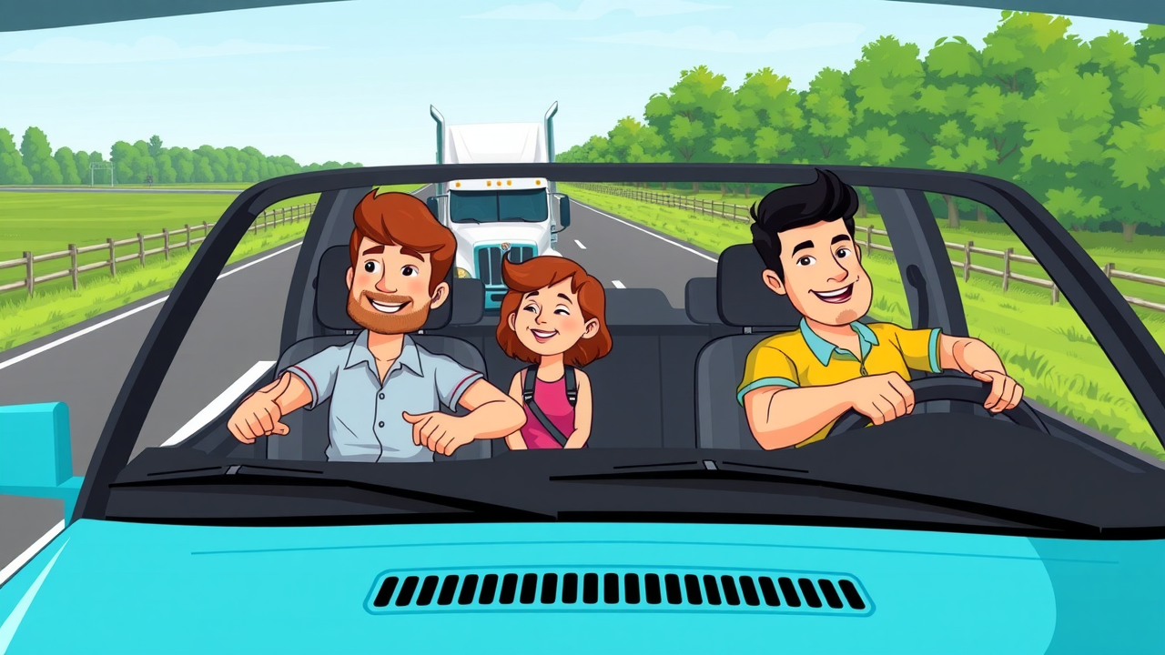 family sedan safely driving near an 18 wheeler, driver maintaining a cautious distance, relaxed passengers, 2D Cartoon, open Louisiana highway with green countryside background, highly detailed, dynamic perspective showing both vehicles, bright cheerful colors, clear daytime lighting, shot with a wide-angle lens.