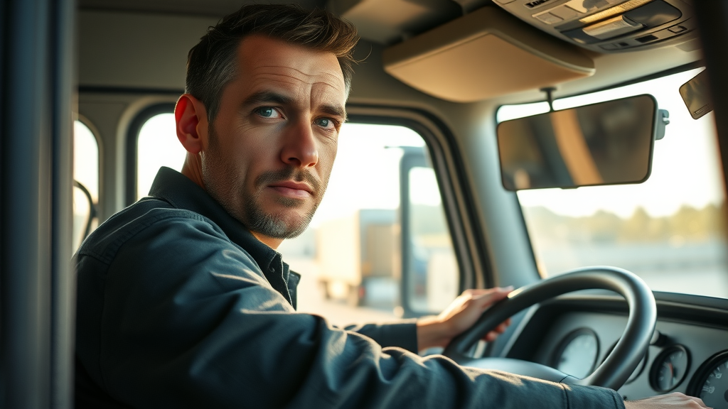 cautious truck driver focused on side mirrors and dashboard, inside modern commercial vehicle, promoting traffic safety and prevention of truck driver negligence