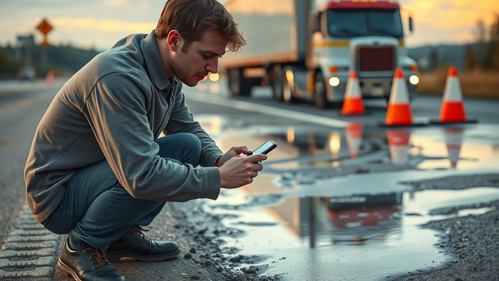 Methodical individual documenting spilled motor oil at a truck accident scene, highlighting evidence gathering for commercial truck crash claims