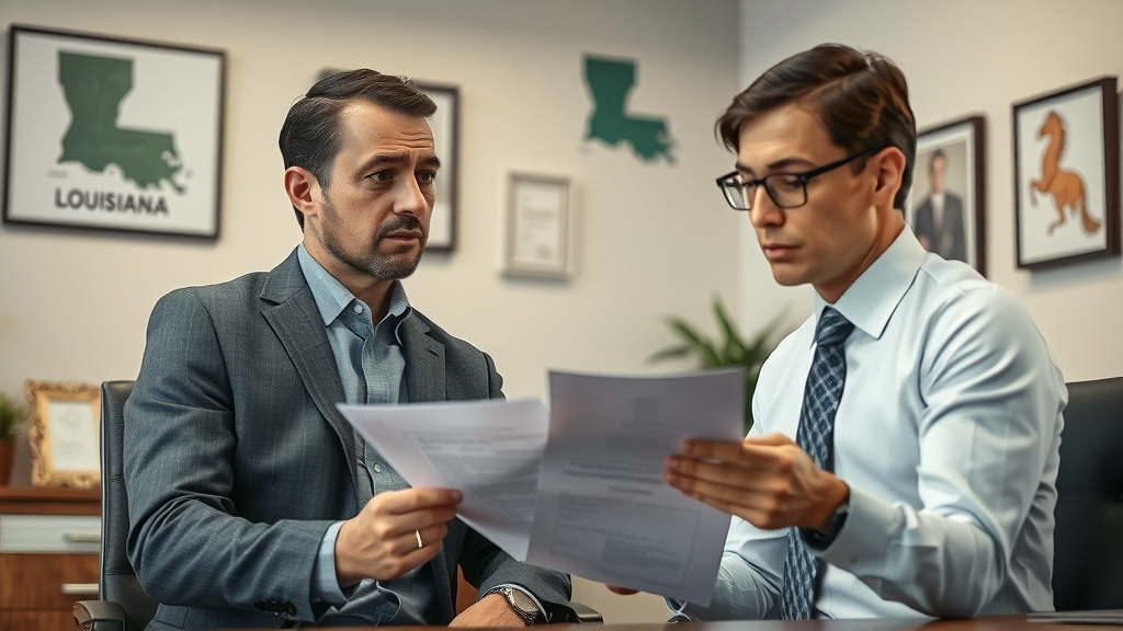 concerned accident victim consulting with a professional attorney in an office, attentive expressions, attorney reviewing legal documents, Photorealistic High Fidelity Lifelike, modern law firm office with Louisiana memorabilia on the wall, highly detailed, subtle movement with papers being handled, neutral colors, warm soft daylight, shot with a 50mm lens.