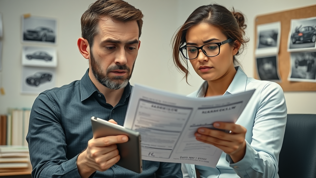 Confused truck accident victim consulting with a determined attorney about semi truck crash liability, including paperwork and crash photos