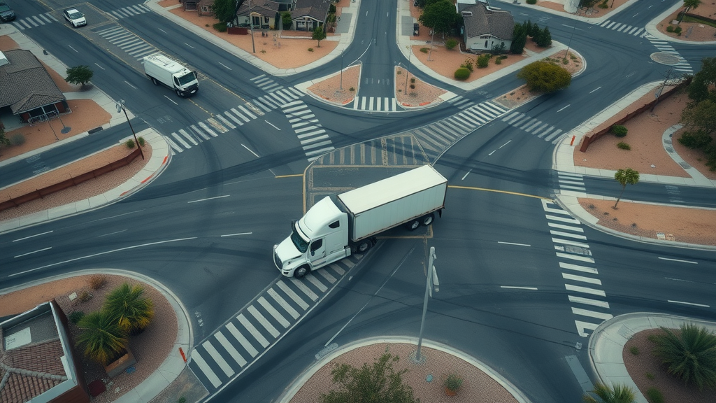 Aerial view of a semi-truck navigating a complex intersection in Green Valley, semi-truck collision legal claims