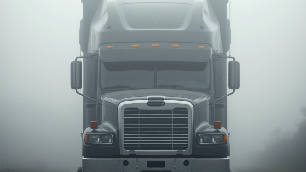 massive semi-truck emerging from thick Louisiana fog, driver alert and eyes straining through windshield, Cinematic, foggy countryside background with indistinct treeline, subtle glistening moisture on surfaces, highly detailed, drifting fog creating dynamic atmosphere, muted grayscale color, diffused soft light, shot with a 70mm lens.