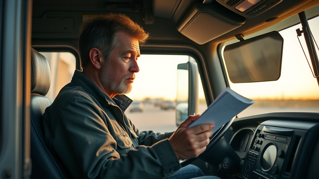 truck driver in cab reviewing schedule for accident prevention, highlighting driver fatigue, photorealistic lighting