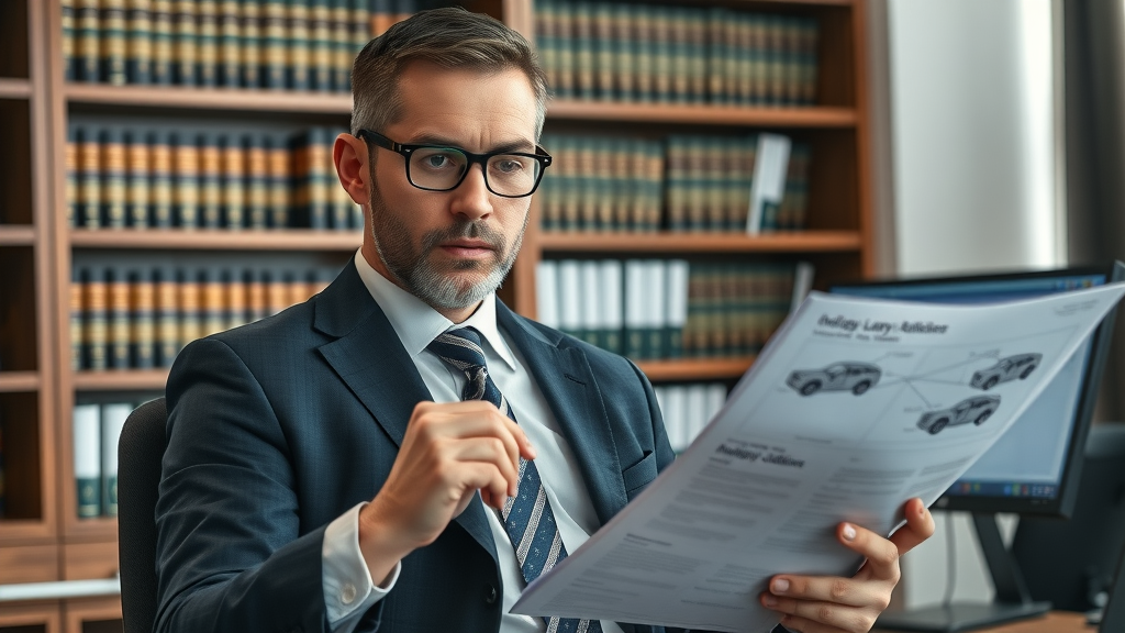 professional personal injury attorney reviewing legal documents and accident reports in a modern law firm environment, showing dedication to truck accident victims