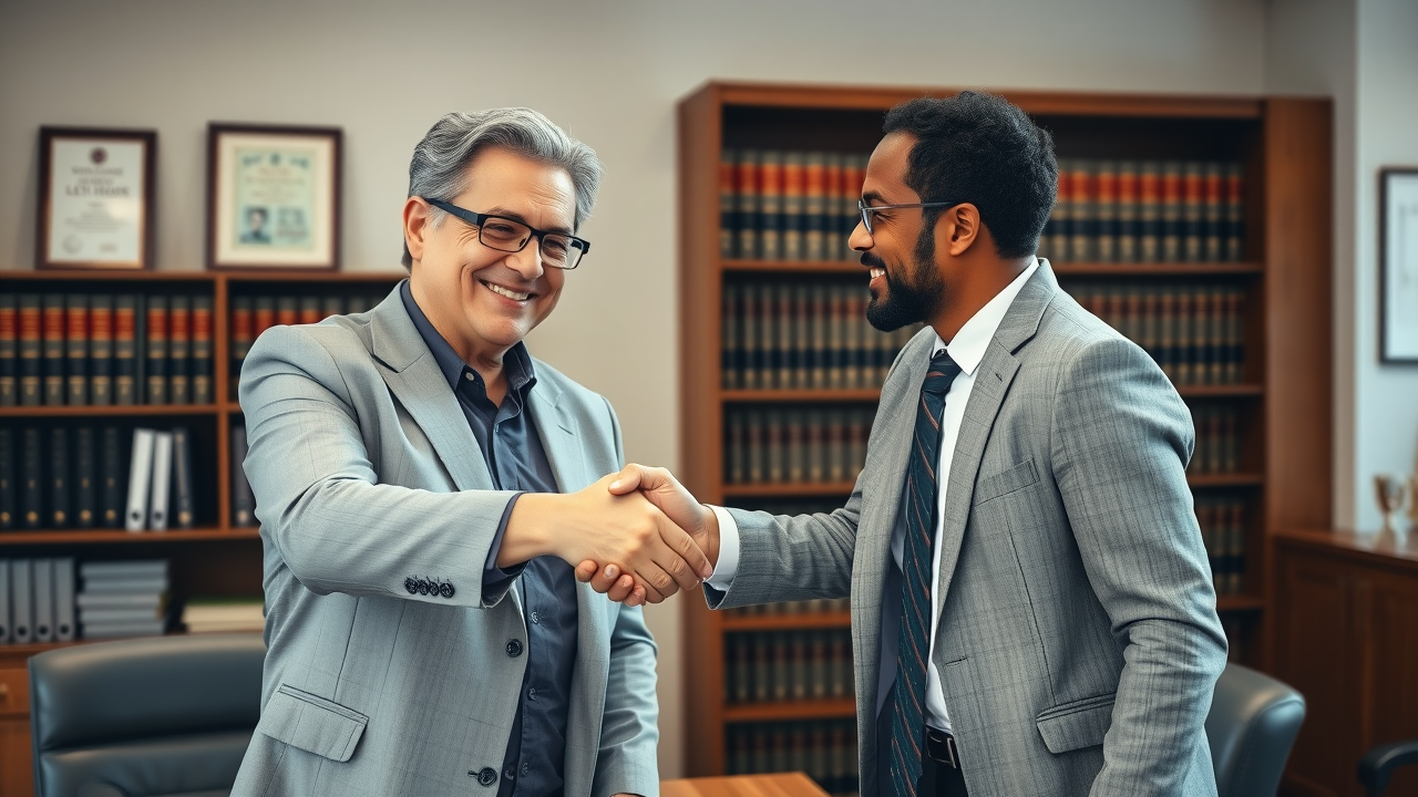 Confident attorney with satisfied client after successful semi-truck collision case outcome