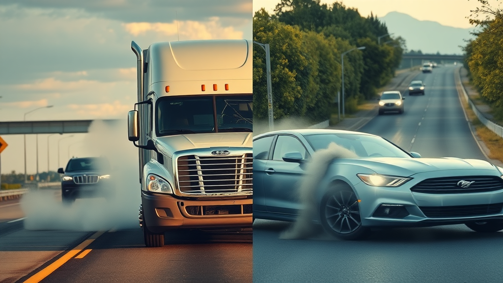 Comparative view showing a commercial semi-truck collision versus a car accident, demonstrating the dramatic differences in scale and impact