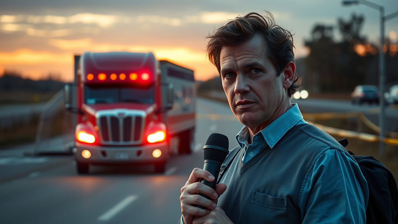 Local news reporter on scene covering a fatal 18 wheeler crash, urgency and concern visible, police lights and accident scene in the background