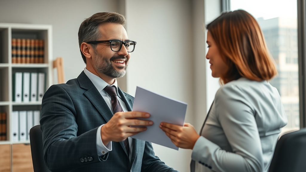 Accident lawyer in modern office providing legal support to an 18 wheeler accident injury victim, professional and reassuring