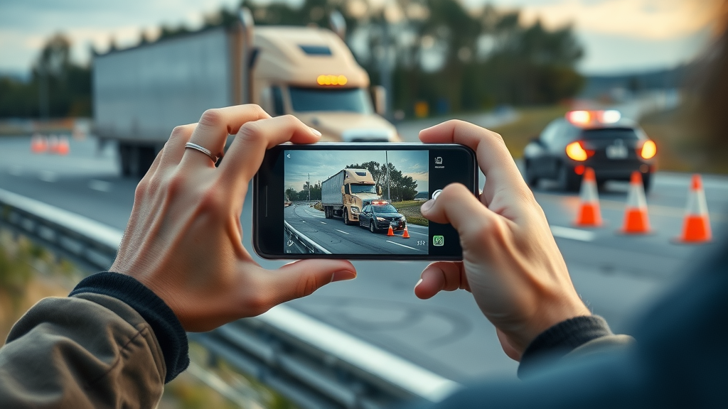 Cautious person taking photos of semi-truck collision scene for insurance documentation