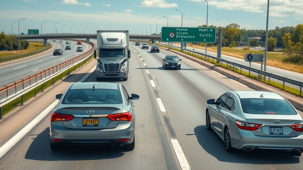 cars maintaining a safe distance from a semi-truck on a busy highway preventing highway truck accidents