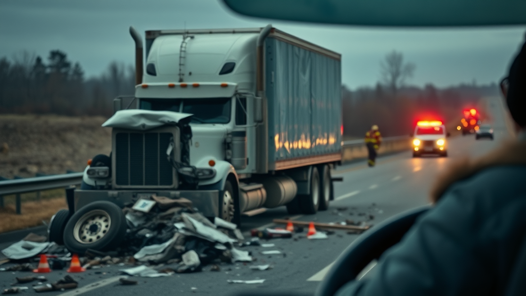 Somber commercial truck accident aftermath with a distressed truck driver and emergency responders, highlighting the impact of a commercial truck crash