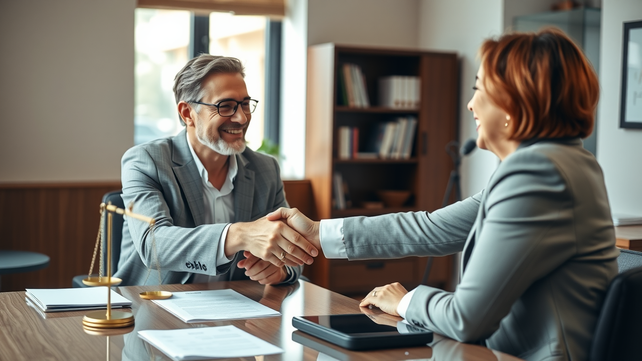 supportive attorney shaking hands with grateful client after successful injury claim meeting in a law firm, representing hope in truck accident cases