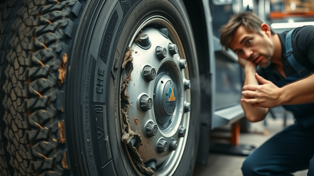 closeup of damaged semi-truck tire with blown tread and smoky debris, concerned mechanic examining wheel, Photorealistic High Fidelity Lifelike, service station workshop background with scattered tools, highly detailed, dust and smoke particles in action, dark and neutral tones, focused mechanic light, shot with a macro lens.