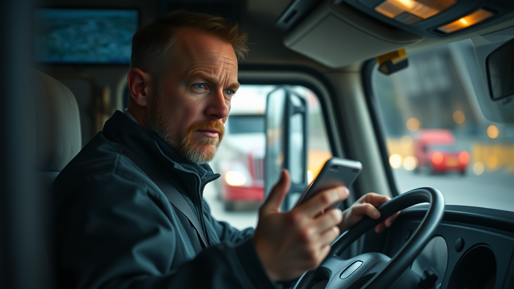 focused commercial truck driver glancing at a smartphone while driving, distracted expression, one hand on wheel, Cinematic, truck cab interior with dashboard lights and reflections of outside traffic, highly detailed, subtle blur from motion outside window, muted colors, low ambient lighting, shot with a 24mm lens.