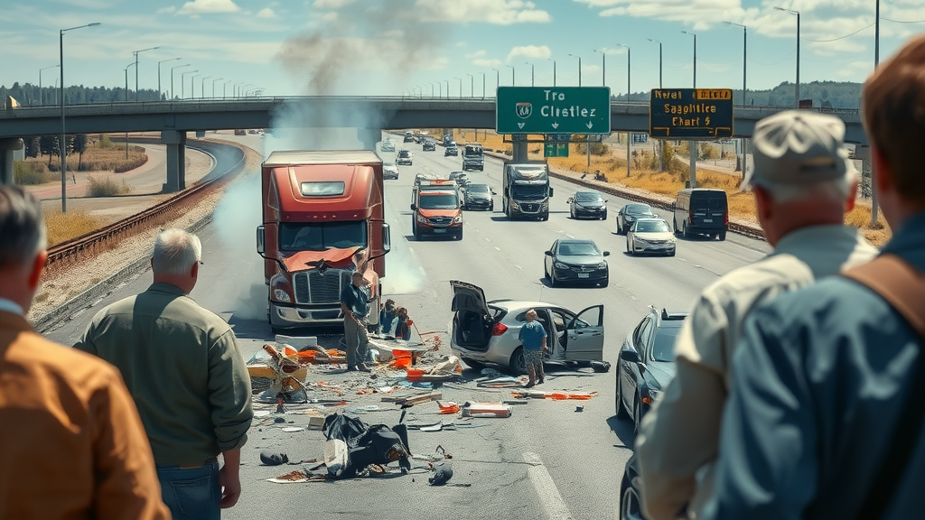 disturbing highway accident scene with large truck accident statistics, emergency vehicles and concerned drivers on a major interstate